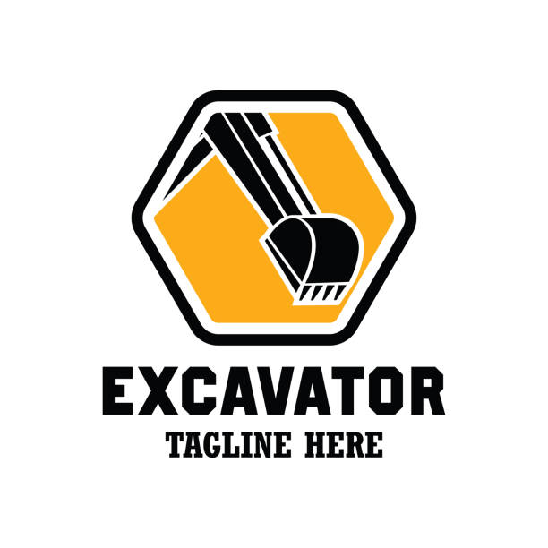 ilustraciones, imágenes clip art, dibujos animados e iconos de stock de excavadora / icono de excavación, emblemas e insignias con el texto un espacio para tu slogan / eslogan. ilustración de vector - earth mover bulldozer construction equipment digging