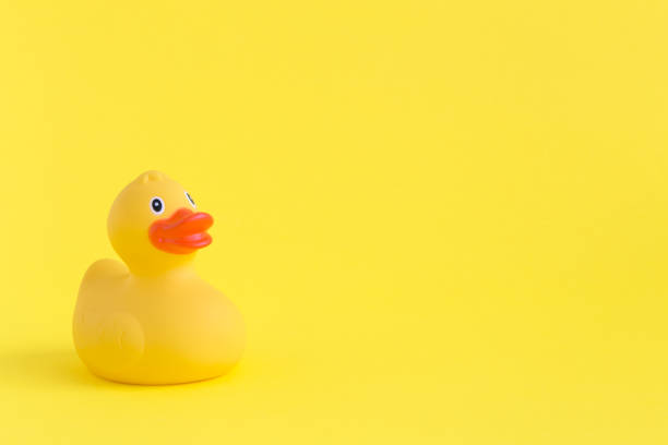 giocattolo anatra di gomma per nuotare su sfondo giallo. - rubber duck foto e immagini stock