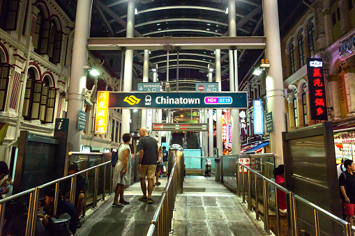 Entrance to the subway station in Chinatown  in Singapore, at night