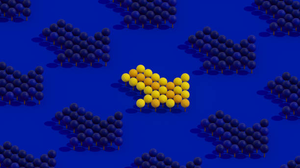 Many arrows from bunch of multiple abstract spherical blue and yellow trees. 3d render illustration.