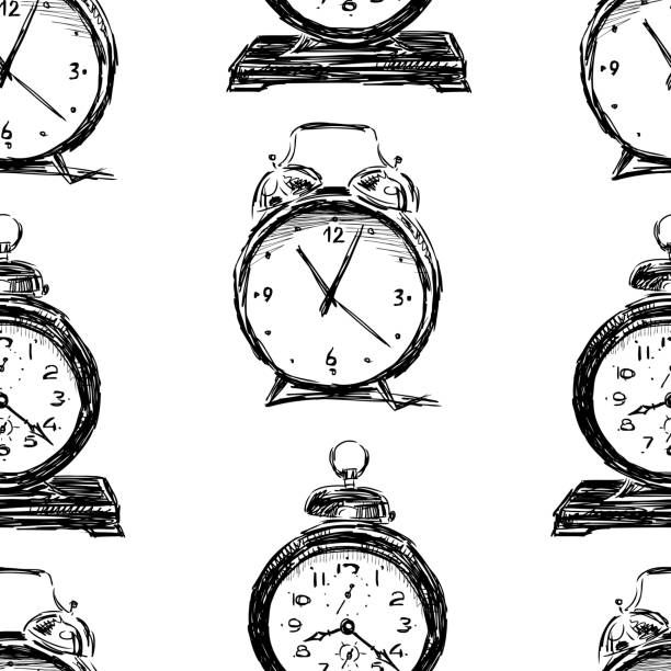Seamless background of the old alarm clocks Vector pattern of the alarm clocks sketches. alarm clock illustrations stock illustrations