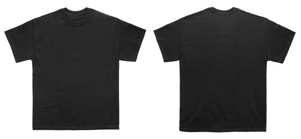 en blanco t shirt color negro plantilla frente y parte posterior ver - camiseta fotografías e imágenes de stock
