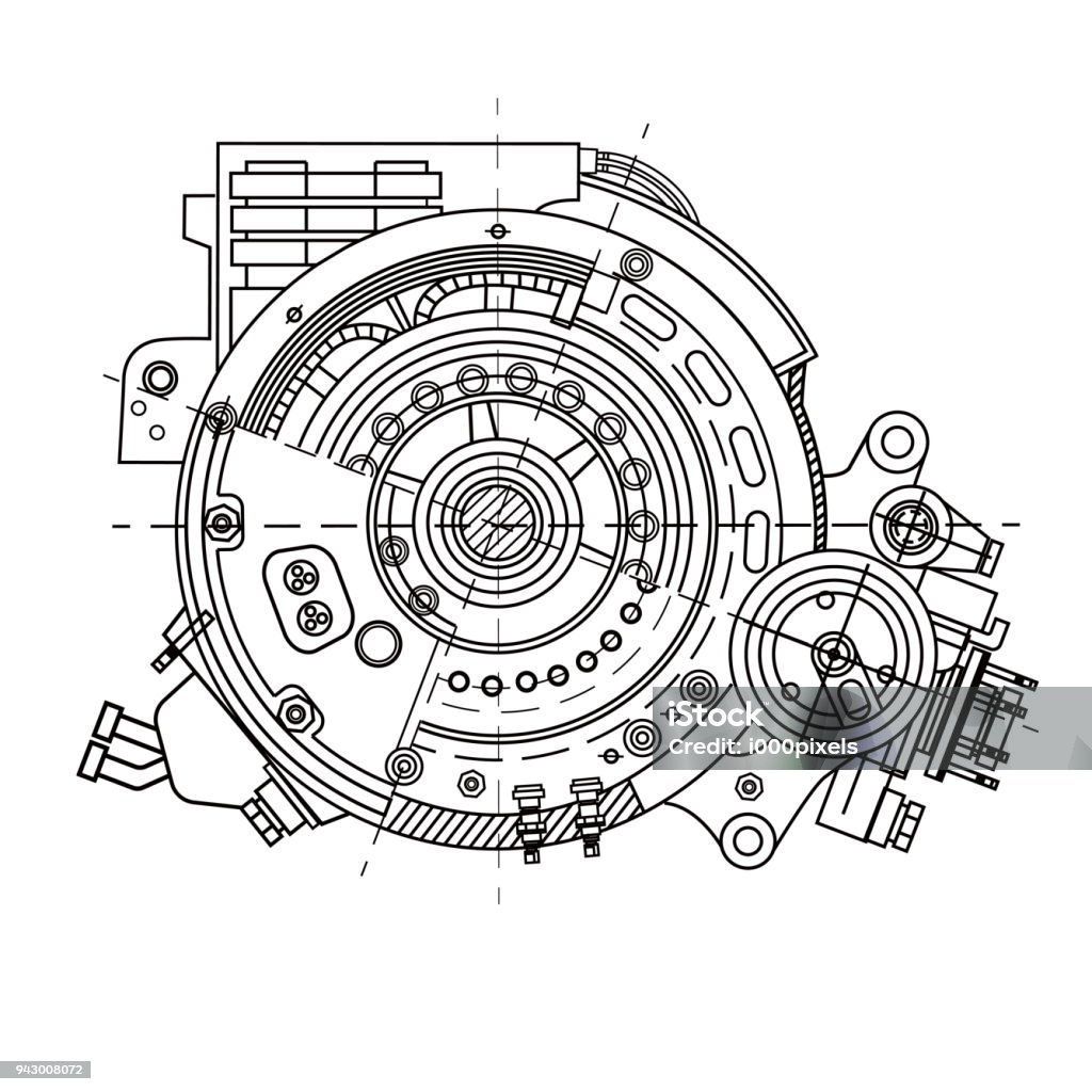 Electric motor section representing the internal structure and mechanisms. It can be used to illustrate the ideas related to science, engineering design and high-tech Electric motor section representing the internal structure and mechanisms. It can be used to illustrate the ideas related to science, engineering design and high-tech. Blueprint Plan - Document stock vector