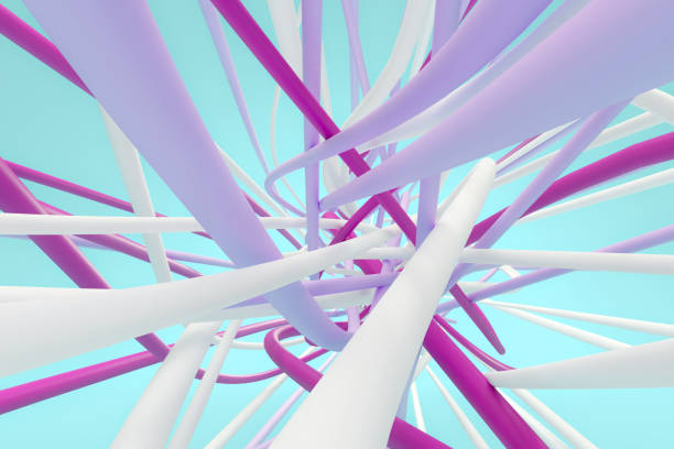 Violet and grey wires on the blue background. Underwater communication. 3d rendering.