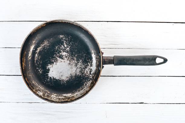 istock An old frying pan on a wooden background. Top view. Copy space for your text. 943009484