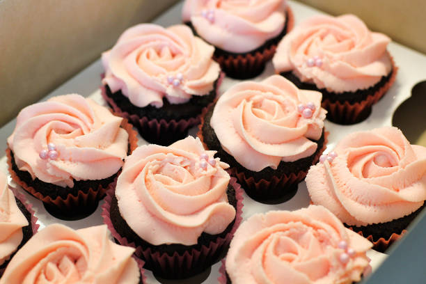 Cream caramel homemade cupcake in box. Modern photo