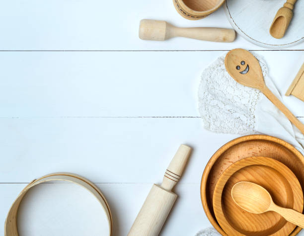 istock wooden  sieve and rolling pin, top view 943025646