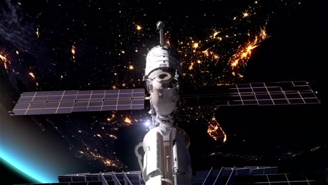 US Earth at Night City lights and ISS satellite 4K