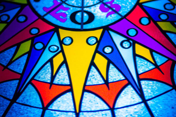 istock violet blue stained glass on the glass, abstract texture 943031092