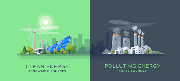 ilustraciones, imágenes clip art, dibujos animados e iconos de stock de comparación de energías limpias y contaminantes centrales - nuclear energy nuclear power station wind turbine energy