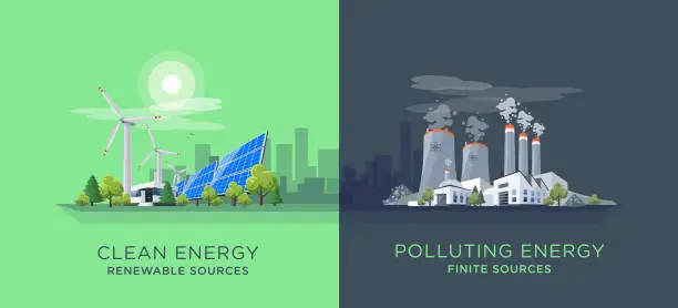 Vector illustration of Comparing Clean and Polluting Energy Power Stations