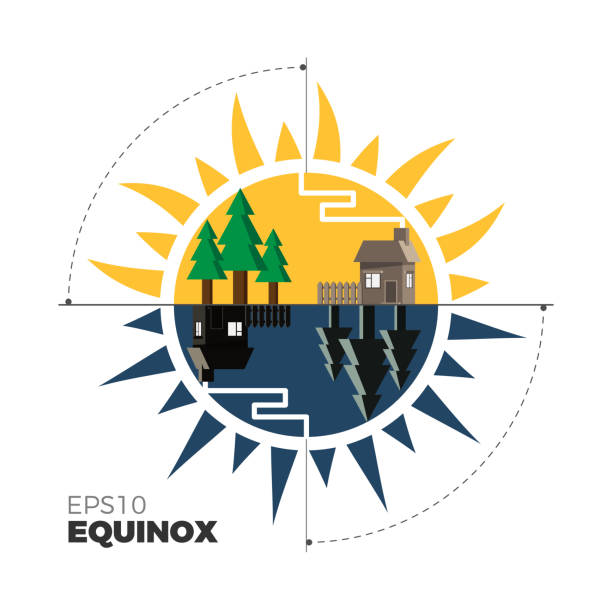 Spring equinox illustration Equinox vector illustration – when day and night last equal time. Spring day landscape double-sided: sun and moon variants. Flat design – for motion graphics and infographics. first day of spring stock illustrations