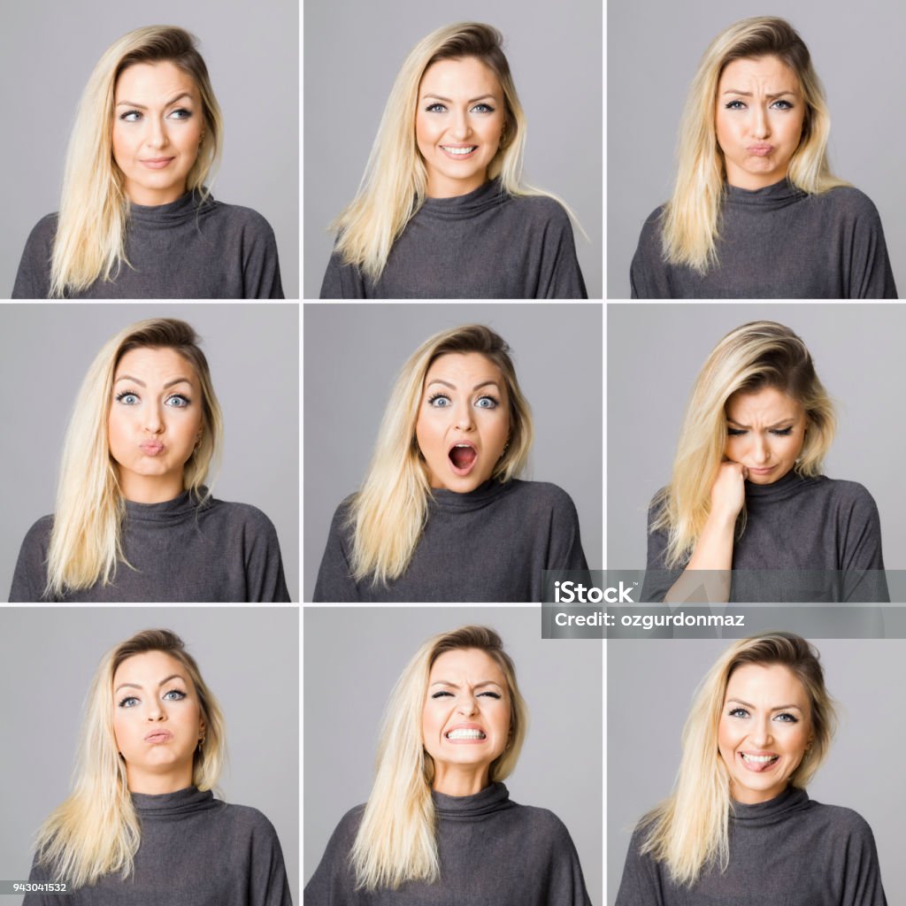 Real woman making different facial expressions Real woman making different facial expressions, studi oshot Facial Expression Stock Photo