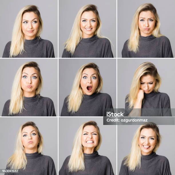 Real Woman Making Different Facial Expressions Stock Photo - Download Image Now - Facial Expression, Women, Variation