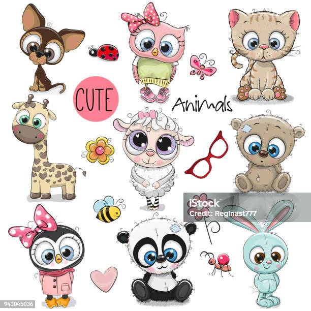 Set Of Cute Cartoon Animals Stock Illustration - Download Image Now - Animal, Cute, Animal Themes