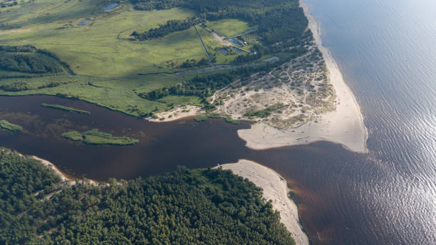 ガウヤ川ラトビアは、バルト海空中ドローン上面にドレインします。 - estuary ストックフォトと画像