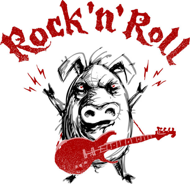 istock Rock and Roll lettering. Cartoon pig with electric guitar on white background 943046556