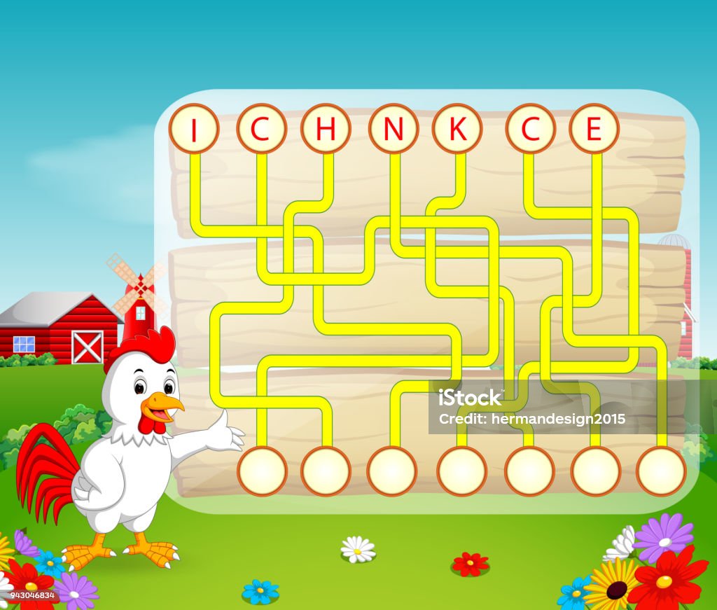 Lógica juego de puzzle para estudio inglés con gallo - arte vectorial de Animal libre de derechos