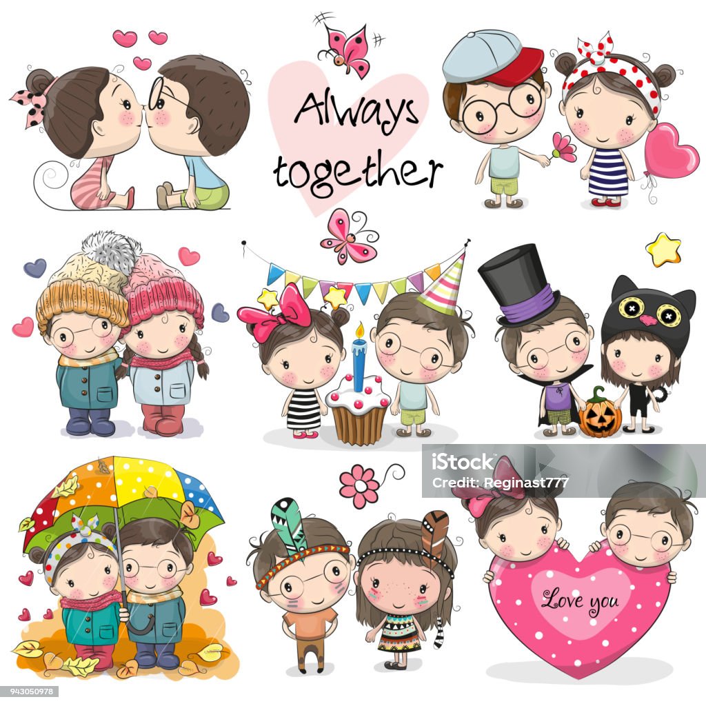 Set Of Cute Cartoon Boy And Girl Stock Illustration - Download Image Now -  Child, Girls, Boys - iStock