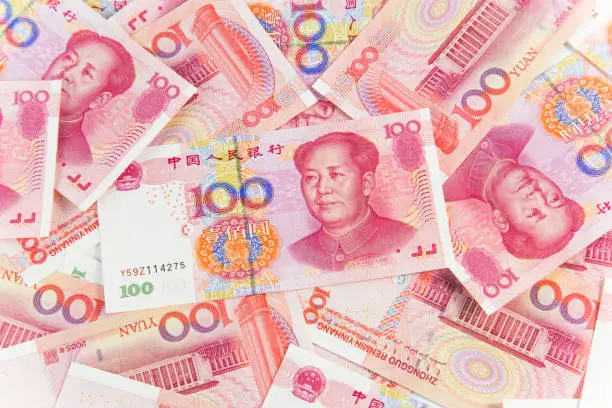 Many of China's one hundred yuan in white background