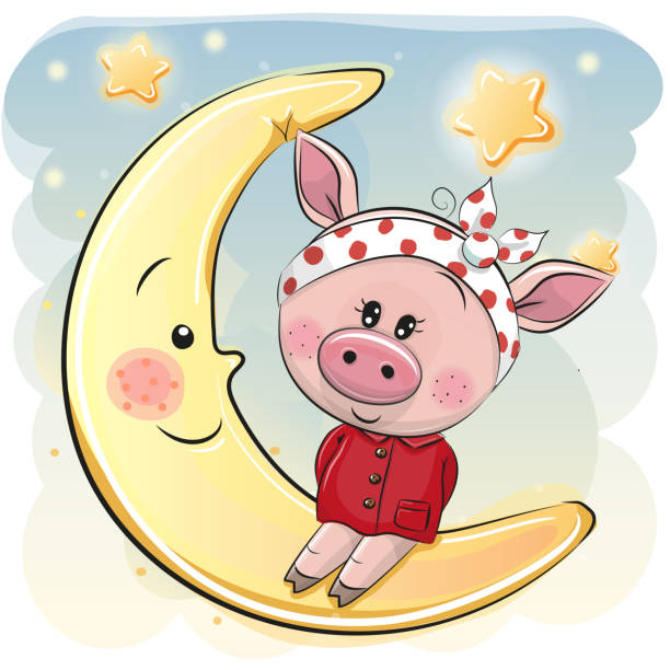 illustrazioni stock, clip art, cartoni animati e icone di tendenza di carina ragazza piggy è seduta sulla luna - illustration and painting valentines day individuality happiness