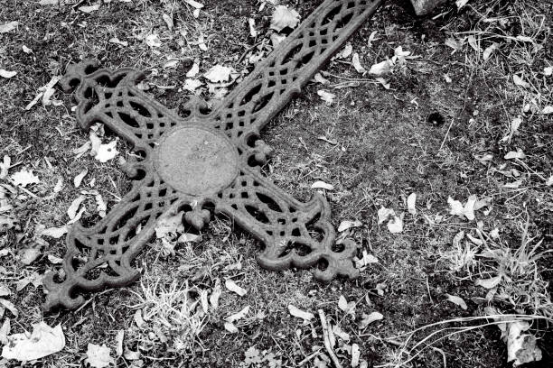 Goiania, Goias, Brazil – May 01, 2021:  Detail of a cross on a tomb in the Park Cemetery. (Cemitério Parque)