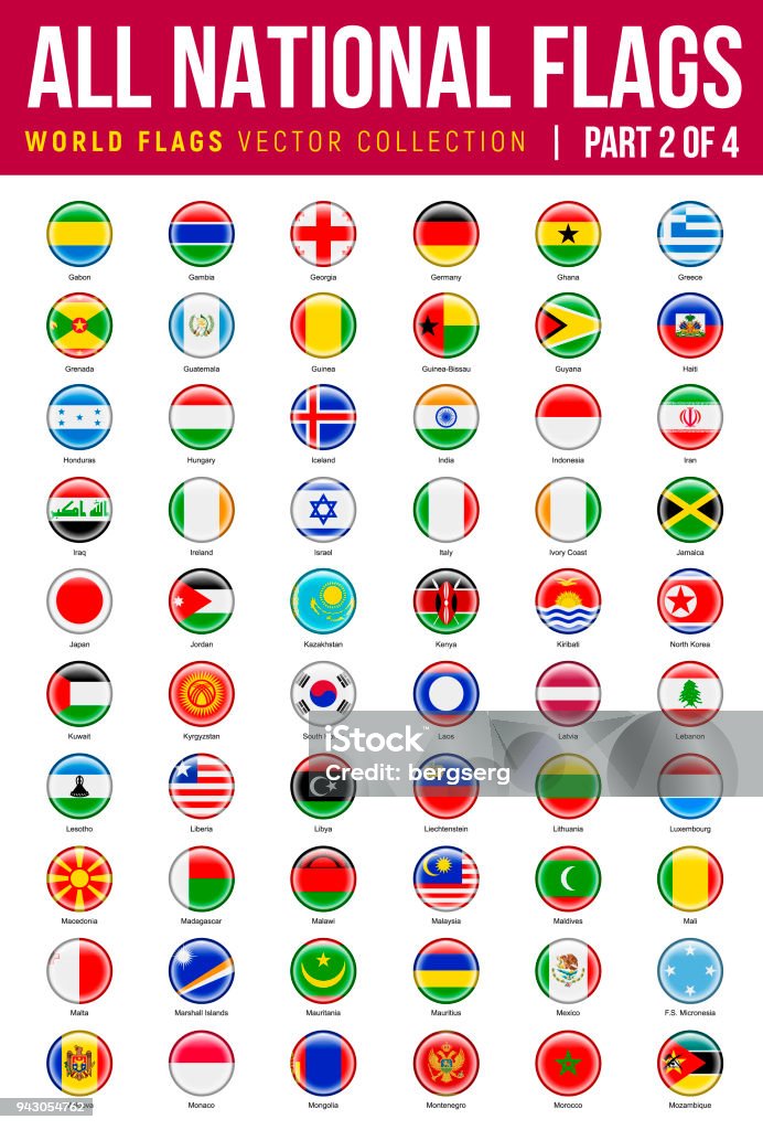 All World Flags. Vector Round Icons. Part 2 of 4 Alphabet List of All Vector Round world flags. Haiti, Japan, North Korea, Malaysia, Montenegro Icons Alphabet stock vector