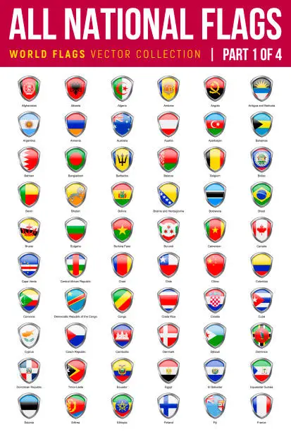 Vector illustration of All World Flags. Vector Shield Glossy Icons. Part 1 of 4