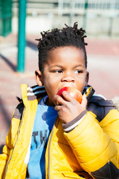 niño comiendo una manzana al aire libre - apple healthy eating eating black fotografías e imágenes de stock