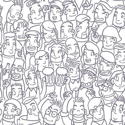 Seamless party people doodle pattern in purple.
