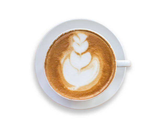 istock Top view of hot latte coffee in white cup. Isolated on white. Saved with clipping path 943062810