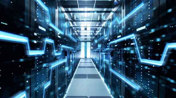istock Shot of Corridor in Working Data Center Full of Rack Servers and Supercomputers with High Speed Inernet Visualization Projection. 943065324