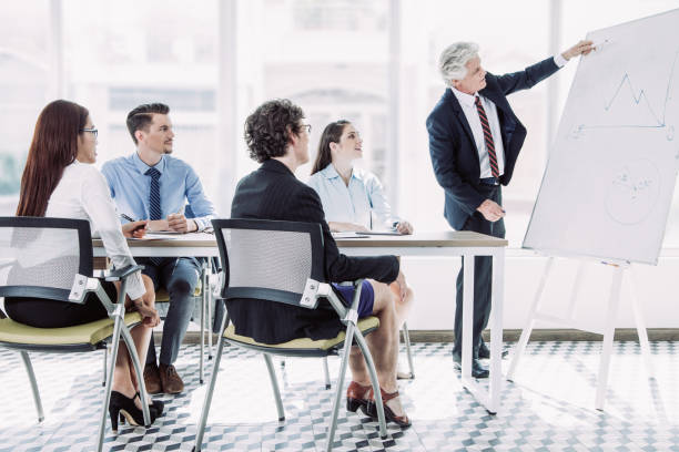 istock Managing director explaining strategy to coworkers at meeting. Senior presenter pointing at whiteboard, others attentively looking at it. Business training concept 943065332