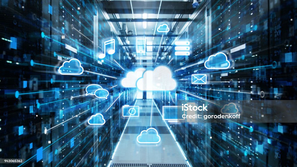 Schuss des Korridors in der Arbeit Daten zentrieren voller Rack-Servern und Supercomputer mit Cloud Storage Vorteile Symbol Visualisierung. - Lizenzfrei Cloud Computing Stock-Foto