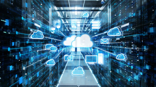 istock Shot of Corridor in Working Data Center Full of Rack Servers and Supercomputers with Cloud Storage Advantages Icon Visualization. 943065362