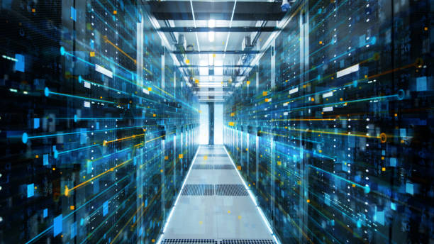 istock Shot of Corridor in Working Data Center Full of Rack Servers and Supercomputers with Internet connection Visualization Projection. 943065368