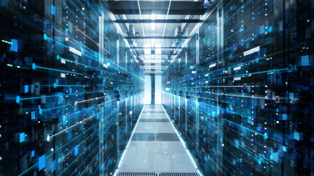scatto del corridoio nel data center di lavoro pieno di server rack e supercomputer con alta proiezione di visualizzazione internet. - data mining foto e immagini stock