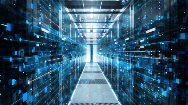 istock Shot of Corridor in Working Data Center Full of Rack Servers and Supercomputers with High Internet Visualization Projection. 943065376