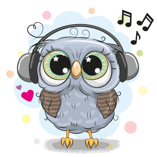 Cute cartoon Owl with headphones Cute cartoon Owl with big eyes with headphones pink owl stock illustrations