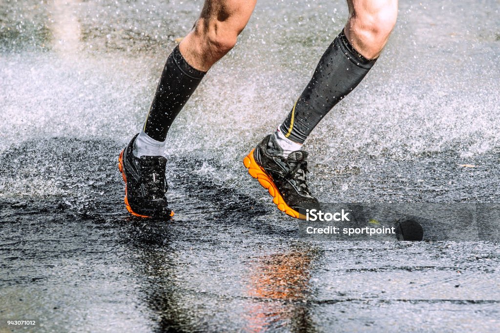 Legs Runner Athlete In Black Compression Socks Running Water Stock