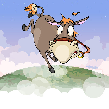 cartoon donkey flying in the air of the earths atmosphere