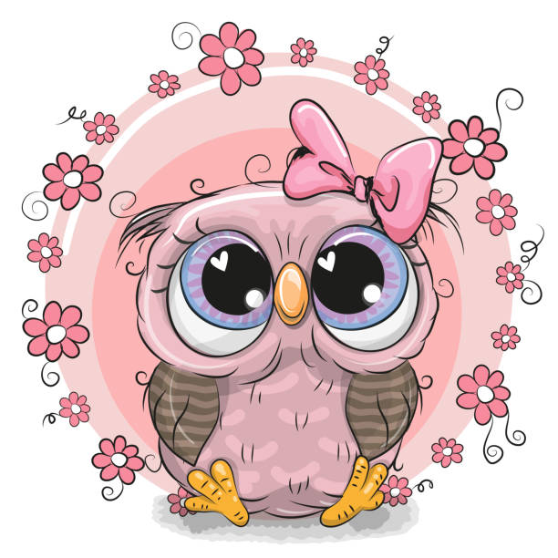 Greeting card Cute Owl with flowers Greeting card Cute Cartoon Owl with flowers pink owl stock illustrations