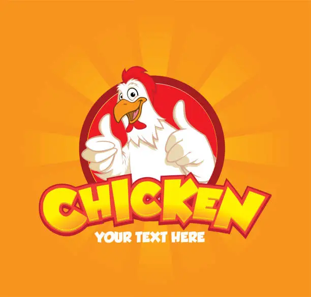 Vector illustration of A happy funny Cartoon Rooster chicken giving a thumbs up with two hand on orange background