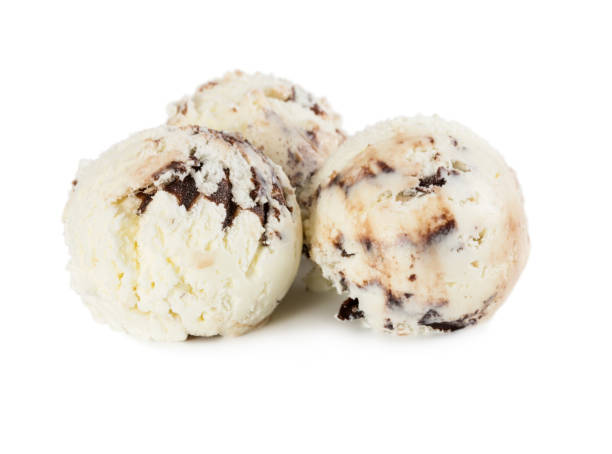 istock Three balls creamy chocolate ice cream with chocolate syrup isolated on white 943077028
