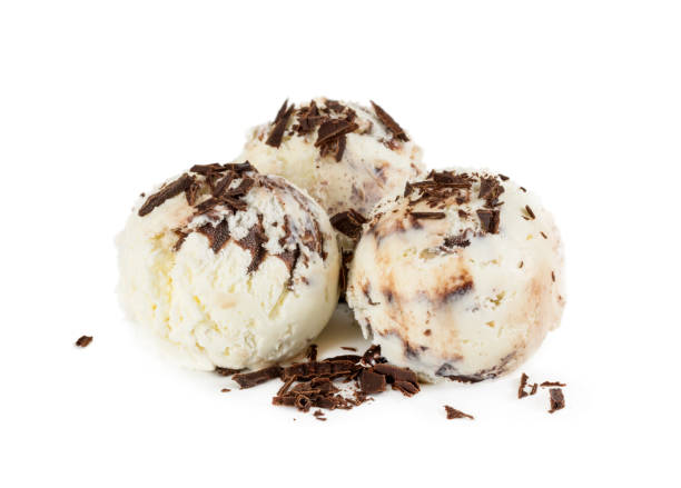 istock Three balls creamy chocolate ice cream with chocolate chips isolated on white 943077040