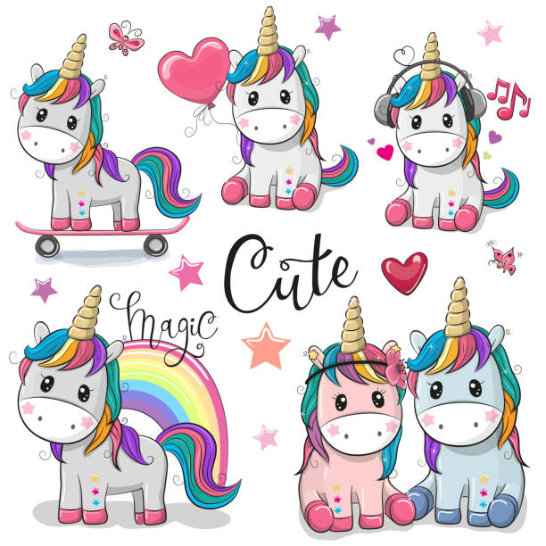 Set of Cute Cartoon Unicorns Set of Cute Cartoon Unicorns isolated on a white background unicorn stock illustrations
