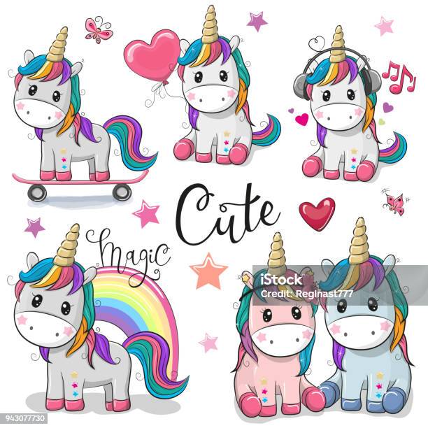 Set Of Cute Cartoon Unicorns Stock Illustration - Download Image Now - Unicorn, Cute, Vector