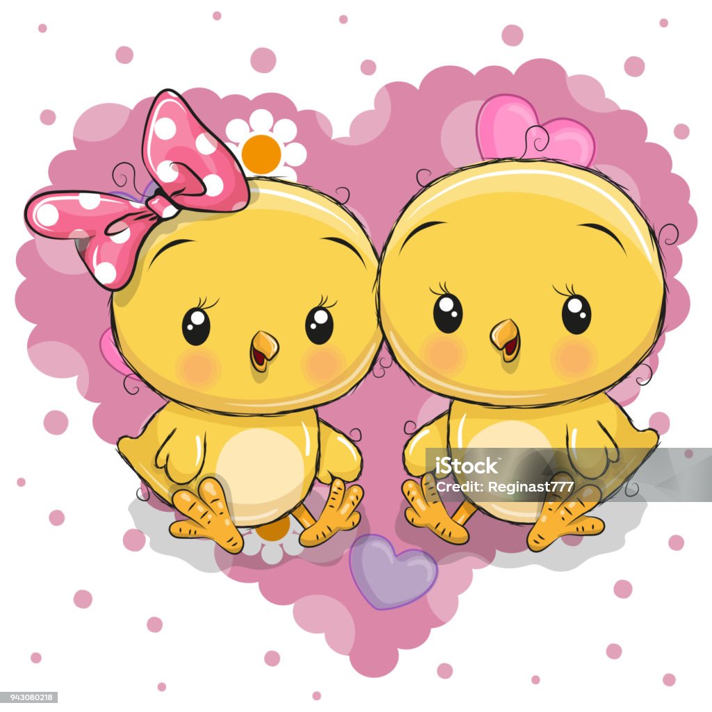 Hai Chú Gà Con Dễ Thương Trên Nền Trái Tim Hình minh họa Sẵn có ...