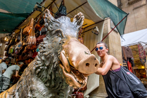 Florence, Italy, June 2015: close up view of the famous bronze statue of a boar in the Mercato del Porcellino (piglet market) with a tourist and some leather bags vendors in the blurred background Florence, Italy, June 2015: close up view of the famous bronze statue of a boar in the Mercato del Porcellino (piglet market) with a tourist and some leather bags vendors in the blurred background the boar fish stock pictures, royalty-free photos & images