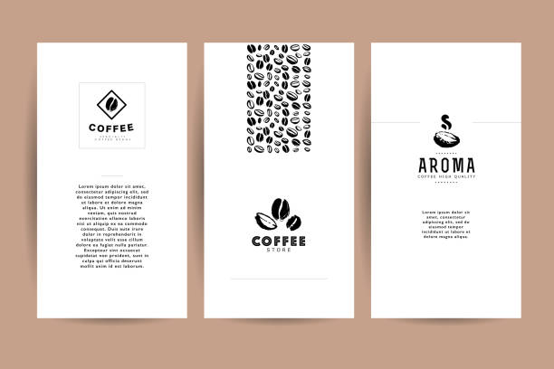 vektor-sammlung von künstlerischen karten mit kaffee embleme & hand gezeichnet kaffeebohnen & samen, texturen & muster. - coffee labels stock-grafiken, -clipart, -cartoons und -symbole